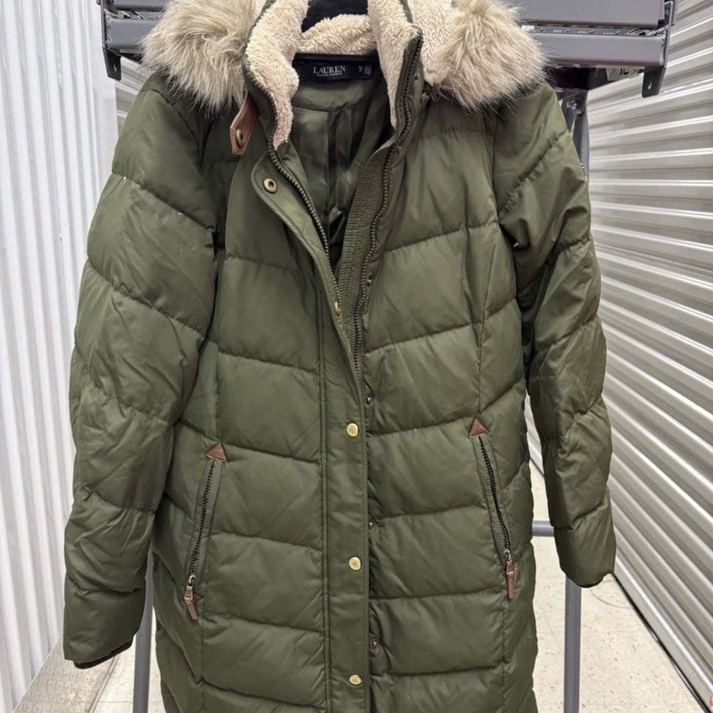 Ralph Lauren Olive Green Quilted Puffer Coat with Faux Fur Hood PRE-OWNED BY ME